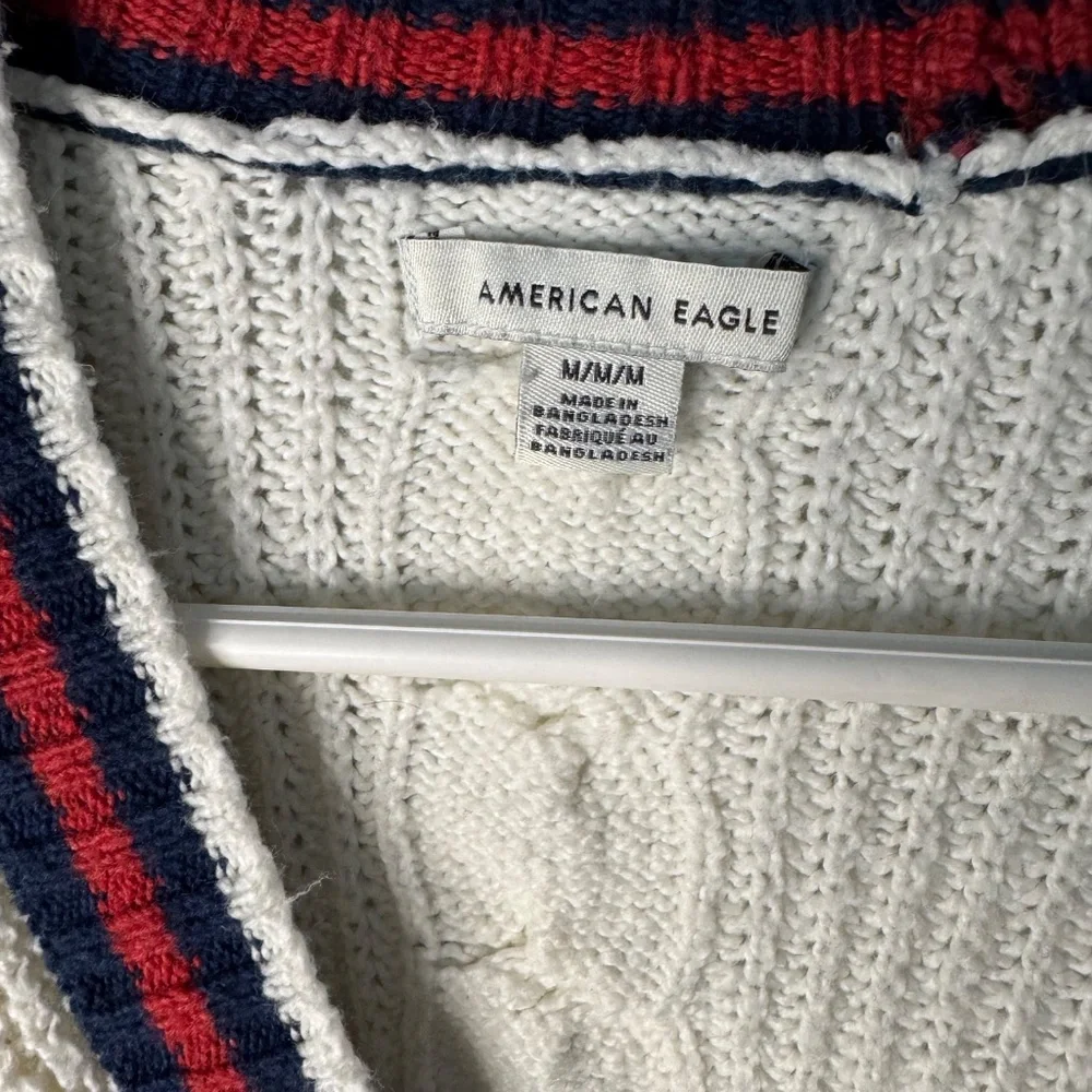 American Eagle White with Red and Navy Blue Trim Academia Style Cardigan - Picture 3 of 4